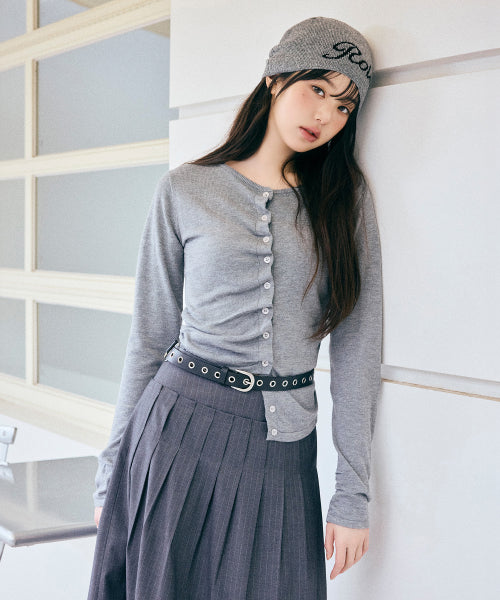 SHIRRING BUTTON UNBALANCE CARDIGAN - 4 COLORS GREY