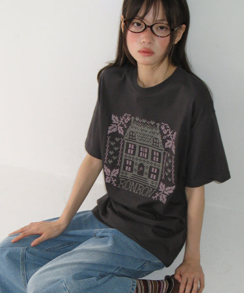 STITCHED HOUSE OVER FIT T SHIRT - 2 COLORS CHARCOAL