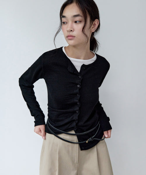 SHIRRING BUTTON UNBALANCE CARDIGAN - 4 COLORS BLACK