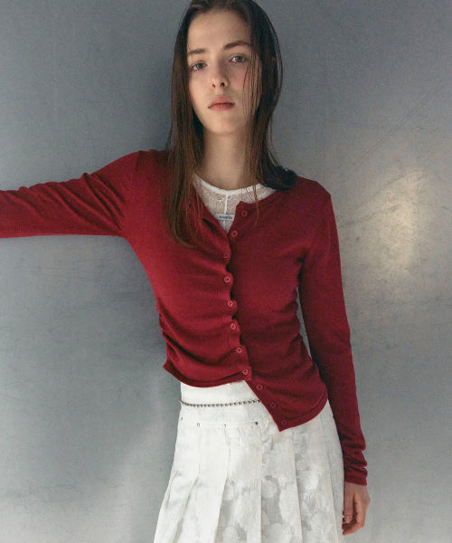 SHIRRING BUTTON UNBALANCE CARDIGAN - 4 COLORS RED