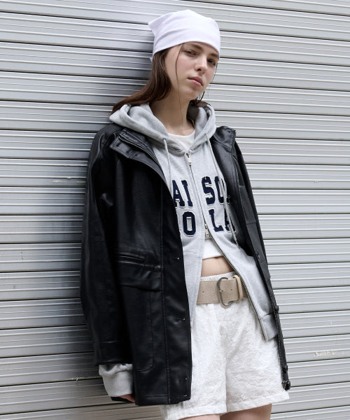 HIGH NECK LEATHER JACKET - 2 COLORS BLACK