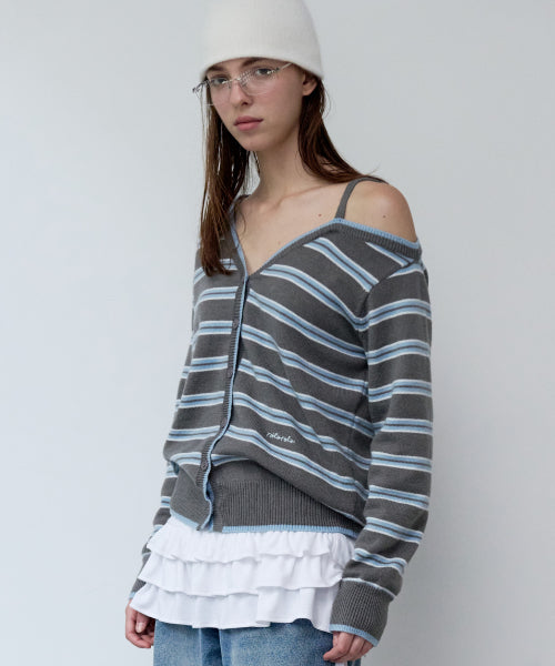 ONE OFF SHOULDER STRIPE WOOL BLENDED CARDIGAN - 3 color #WONYOUNG同款! GRAY