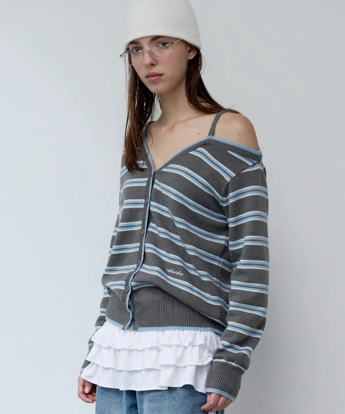 [ROLA ROLA] ONE OFF SHOULDER STRIPE WOOL BLENDED CARDIGAN - 3 color #WONYOUNG同款