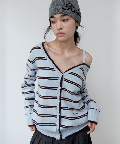 ONE OFF SHOULDER STRIPE WOOL BLENDED CARDIGAN - 3 color #WONYOUNG同款! BLUE