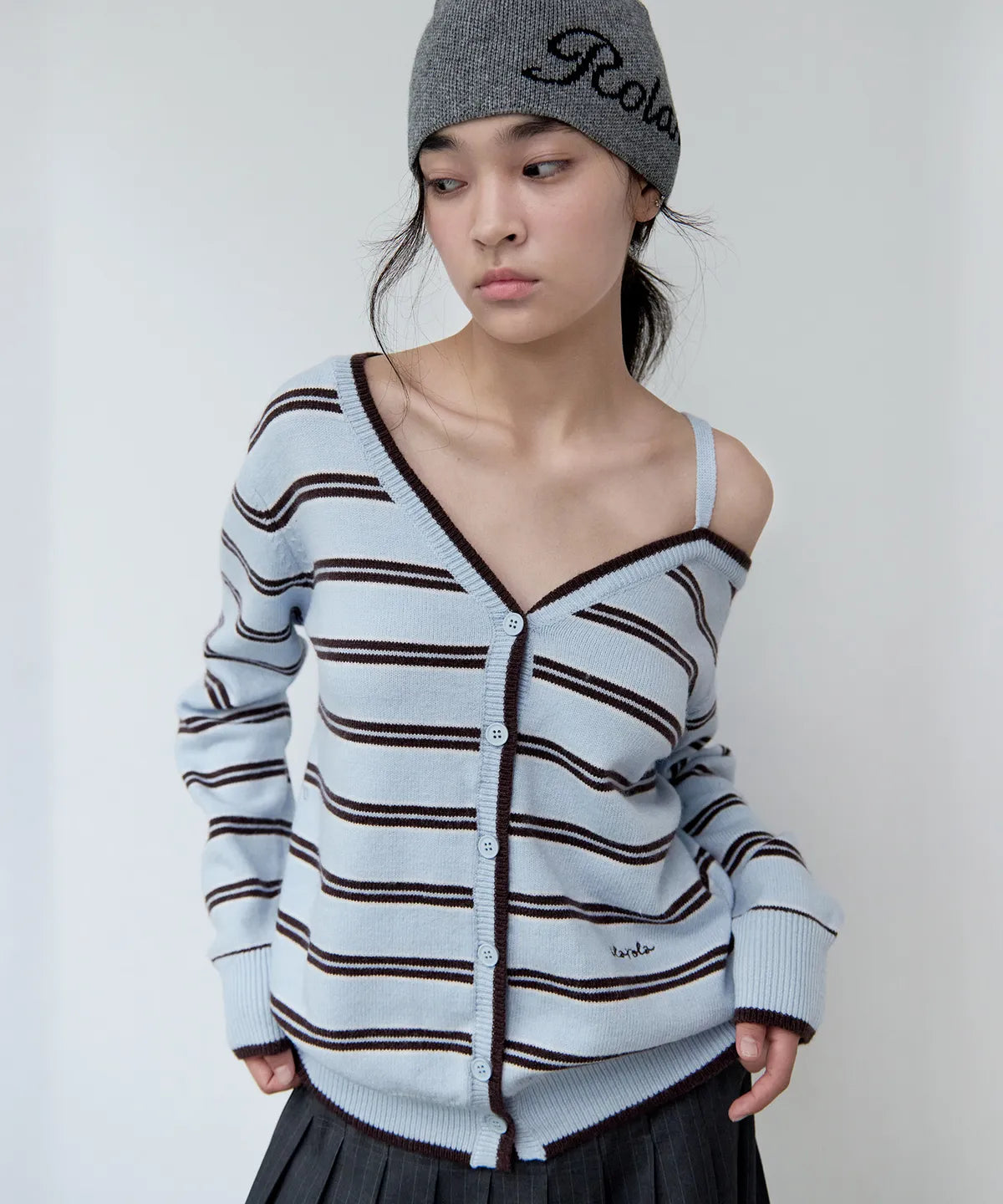 [ROLA ROLA] ONE OFF SHOULDER STRIPE WOOL BLENDED CARDIGAN - 3 color #WONYOUNG同款