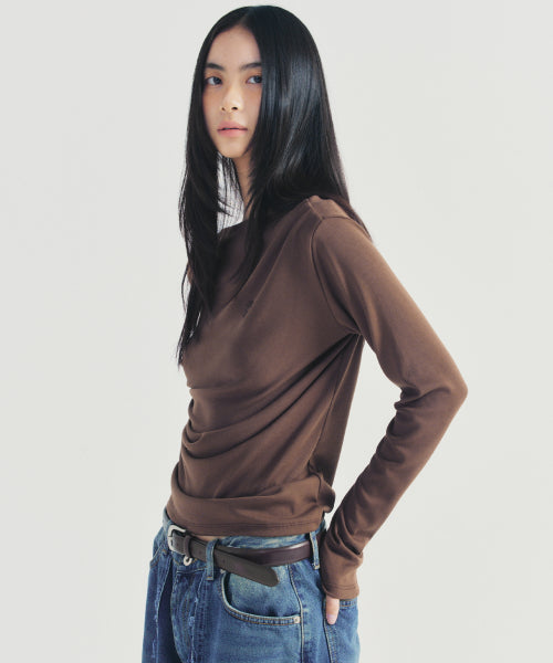 SHIRRING DRAPE BOAT NECK TOP #徐睿知同款! - 5 COLORS BROWN