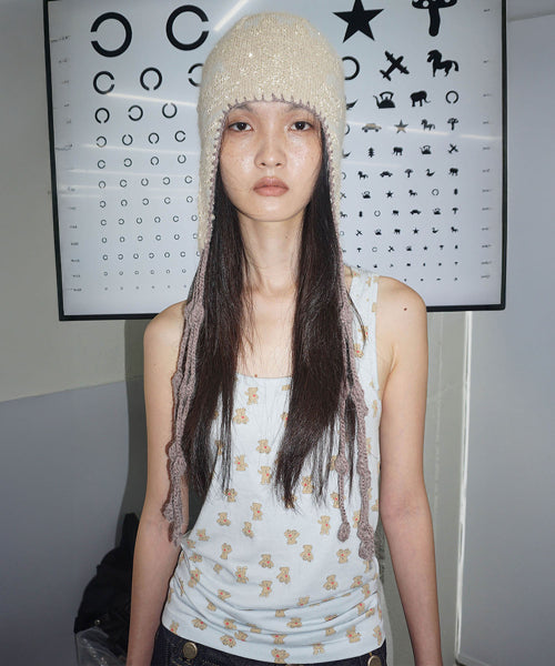 SEQUIN NORDIC EARFLAP BEANIE MILK TEA AS SHOWN