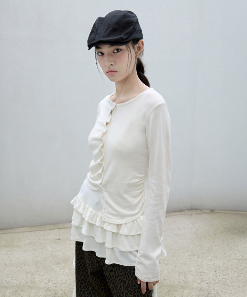 SHIRRING BUTTON UNBALANCE CARDIGAN - 4 COLORS IVORY
