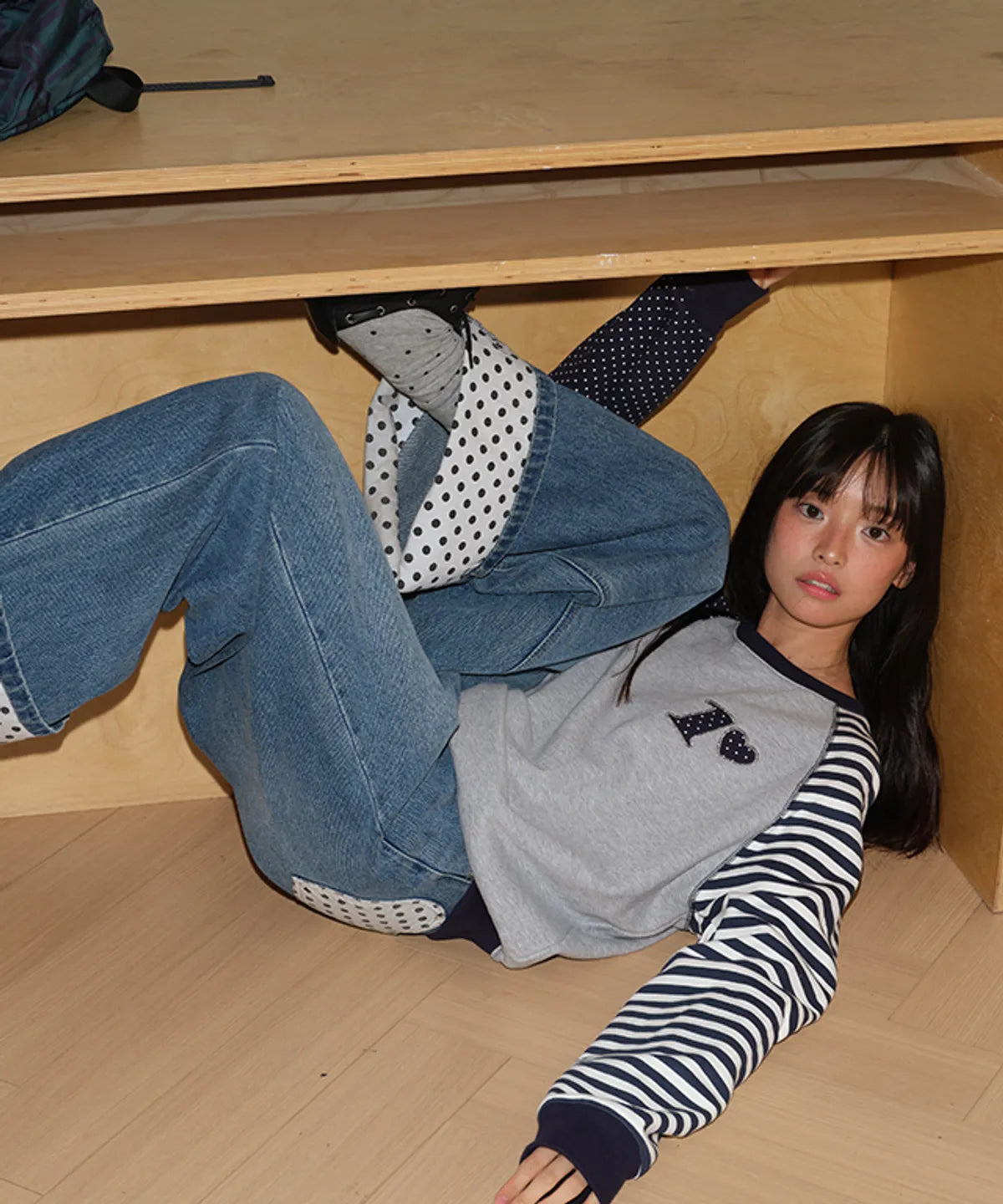 DOT R STRIPE BLOCKING SWEATSHIRT GREY