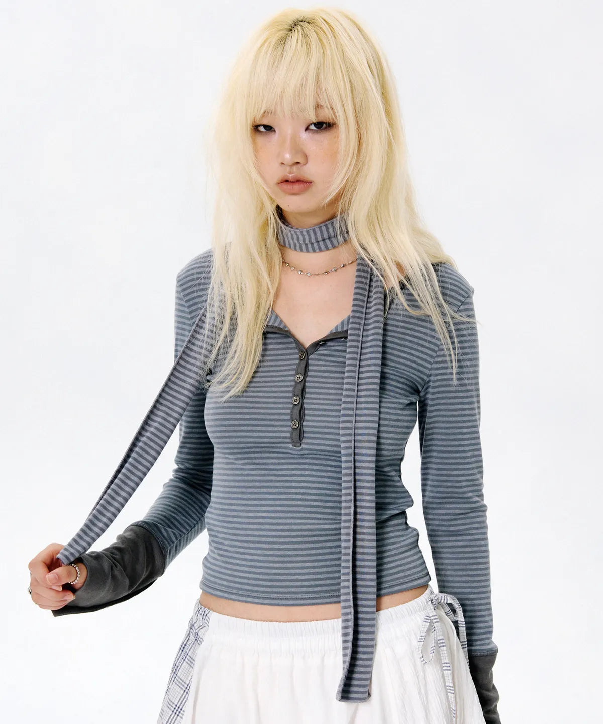 Button Stripe L/S Tee with Muffler [Khaki]