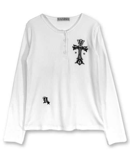 GOTHIC CROSS HENLEY NECK LONG SLEEVE - 3 COLORS IVORY