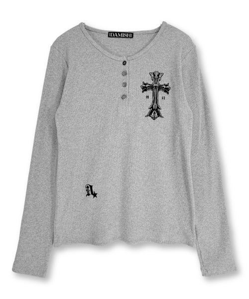 GOTHIC CROSS HENLEY NECK LONG SLEEVE - 3 COLORS GREY