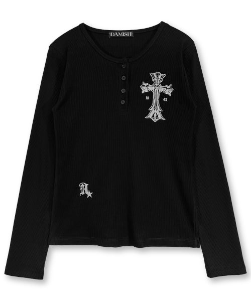 GOTHIC CROSS HENLEY NECK LONG SLEEVE - 3 COLORS BLACK