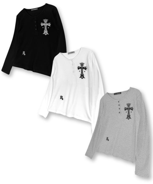 GOTHIC CROSS HENLEY NECK LONG SLEEVE - 3 COLORS BLACK