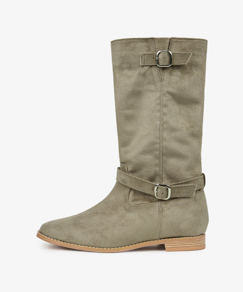 BUCKLE STRAP MIDDLE BOOTS KHAKI BEIGE