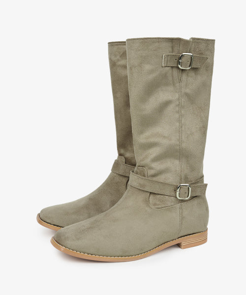 BUCKLE STRAP MIDDLE BOOTS KHAKI BEIGE