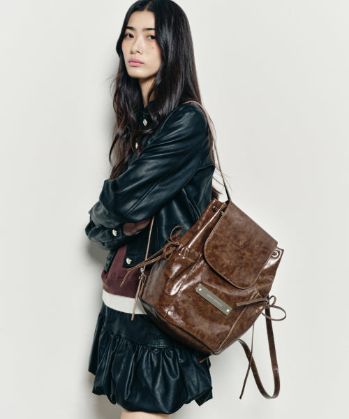 CRYSTAL LEATHER SHIRRING BACKPACK #徐睿知同款! - 2 COLORS BROWN