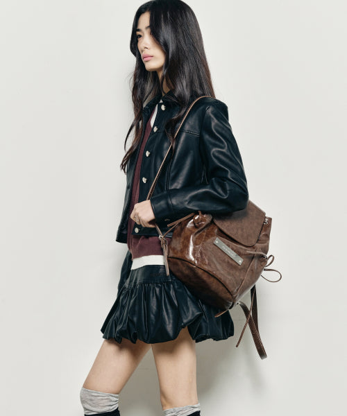 CRYSTAL LEATHER SHIRRING BACKPACK #徐睿知同款! - 2 COLORS BROWN