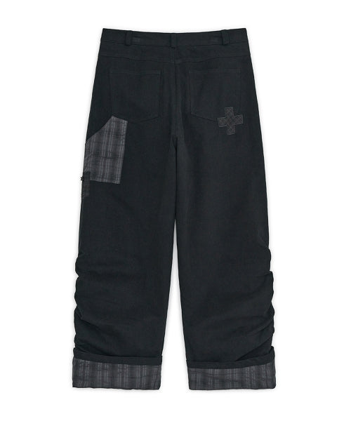 CHECK ROLL UP COTTON PANTS - 2 COLORS BLACK