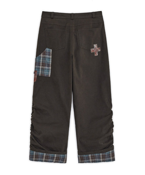 CHECK ROLL UP COTTON PANTS - 2 COLORS BROWN
