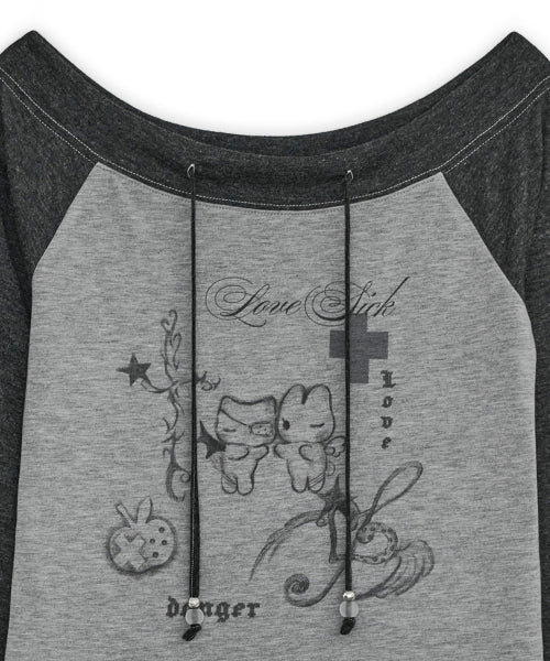 LOVE SICK DRAWING OFF-SHOULDER TOP - 3 COLORS CHARCOAL