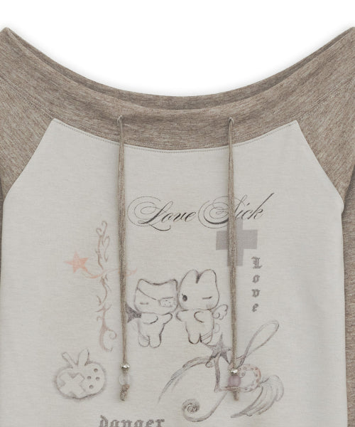 LOVE SICK DRAWING OFF-SHOULDER TOP - 3 COLORS BROWN