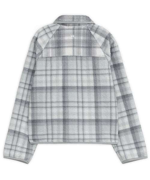 ROUND COLLAR CHECK FLEECE JACKET GREY