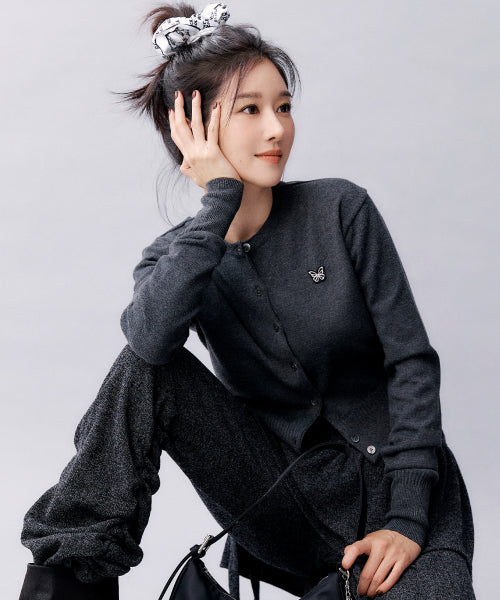 BUTTERFLY JAQUARD KNIT CARDIGAN #徐睿知同款! - 3 COLORS CHARCOAL