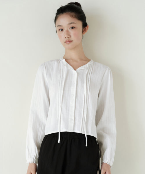 WOMENS VERTICAL TEXTURED COTTON PINTUCK BLOUSE #韓韶禧同款! - 3 COLORS WHITE