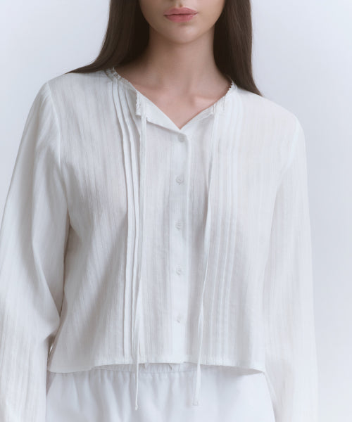 WOMENS VERTICAL TEXTURED COTTON PINTUCK BLOUSE #韓韶禧同款! - 3 COLORS WHITE