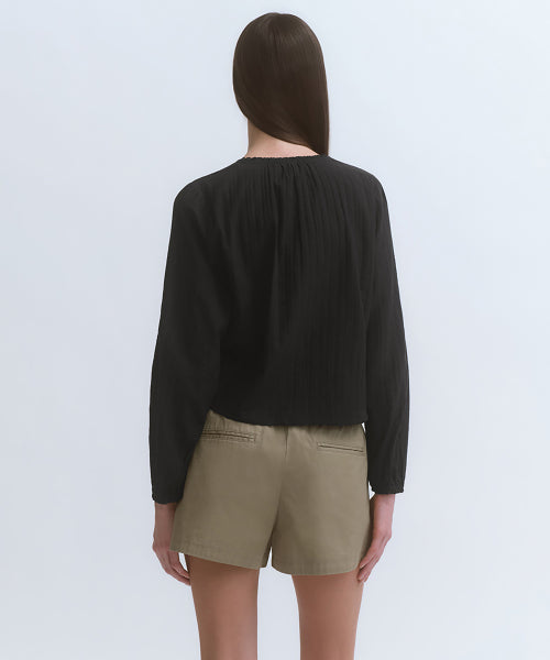 WOMENS VERTICAL TEXTURED COTTON PINTUCK BLOUSE #韓韶禧同款! - 3 COLORS BLACK