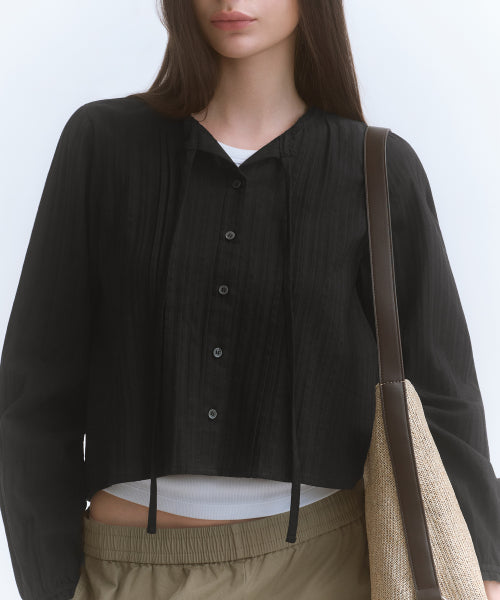 WOMENS VERTICAL TEXTURED COTTON PINTUCK BLOUSE #韓韶禧同款! - 3 COLORS BLACK