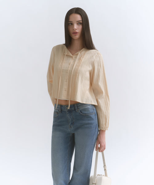 WOMENS VERTICAL TEXTURED COTTON PINTUCK BLOUSE #韓韶禧同款! - 3 COLORS BUTTER