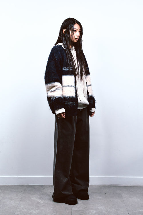 WOOL BLENDED STRIPE KNIT CARDIGAN IN NAVY