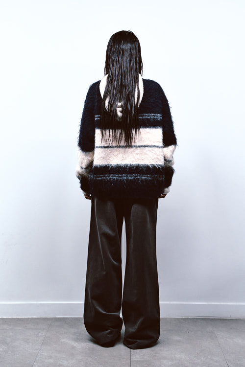 WOOL BLENDED STRIPE KNIT CARDIGAN IN NAVY
