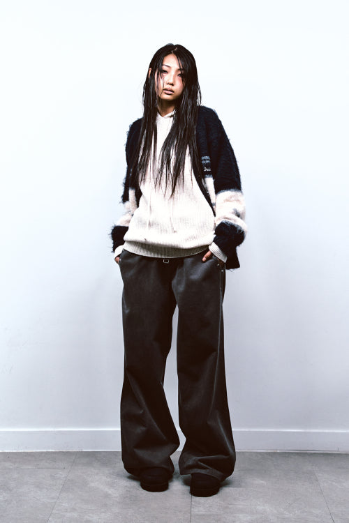 WOOL BLENDED STRIPE KNIT CARDIGAN IN NAVY