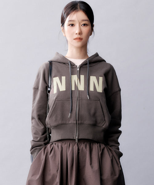 NNN PATCH CROP HOOD ZIP UP #徐睿知同款! - 2 COLORS BROWN
