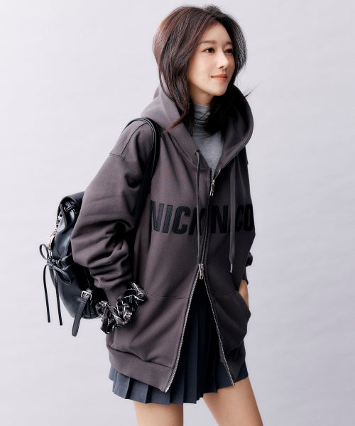NICOLE PATCH WARM HOOD ZIP UP #徐睿知同款! - 2 COLORS CHARCOAL