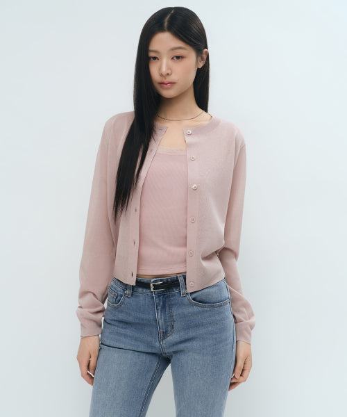 WOMENS SHEER ROUND NECK CARDIGAN #韓韶禧同款! - 7 COLORS PINK