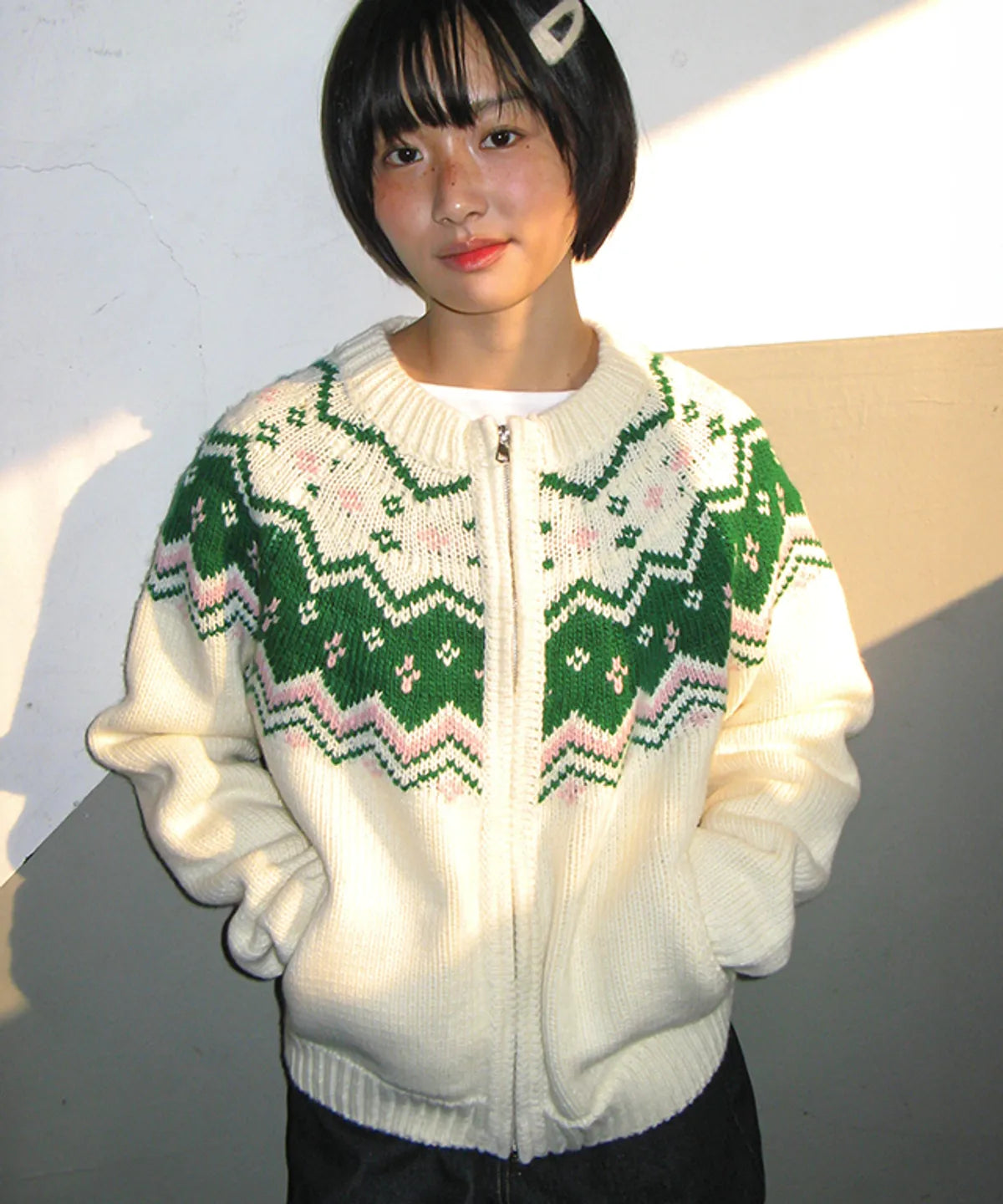 NORDIC FAIR ISLE COWICHAN KNIT ZIP UP IVORY