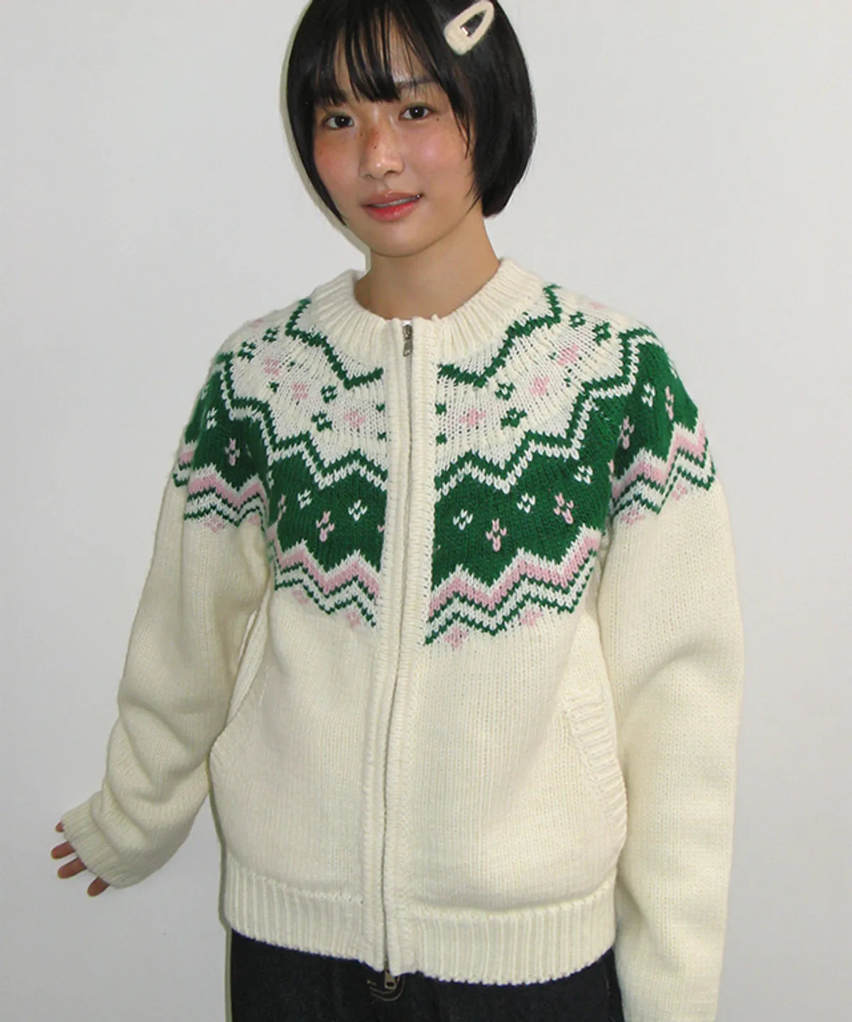 NORDIC FAIR ISLE COWICHAN KNIT ZIP UP IVORY