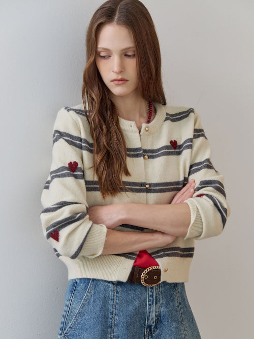 MAXZA HEART STRIPE PEARL KNIT CARDIGAN - 2 COLORS IVORY