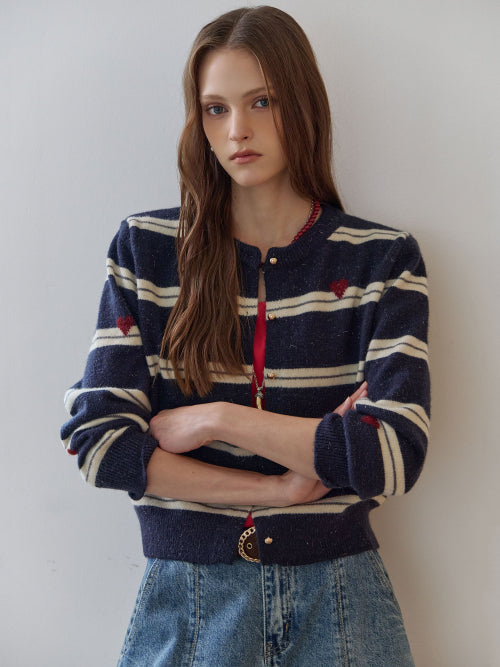 MAXZA HEART STRIPE PEARL KNIT CARDIGAN - 2 COLORS IVORY