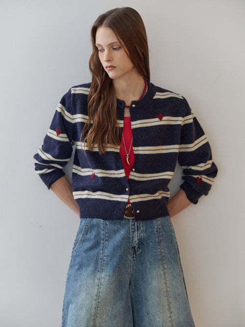 MAXZA HEART STRIPE PEARL KNIT CARDIGAN - 2 COLORS IVORY