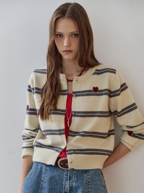MAXZA HEART STRIPE PEARL KNIT CARDIGAN - 2 COLORS IVORY