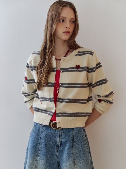 MAXZA HEART STRIPE PEARL KNIT CARDIGAN - 2 COLORS IVORY
