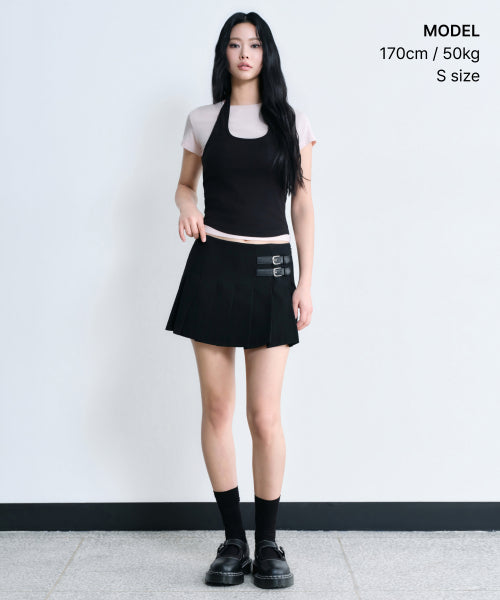 WOMENS LOW RISE BUCKLE PLEATS MINI SKIRT #韓韶禧同款! - 3 COLORS BLACK