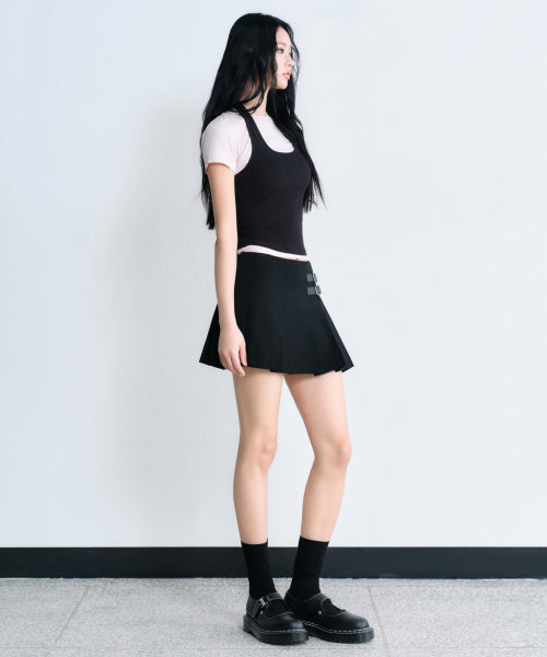 WOMENS LOW RISE BUCKLE PLEATS MINI SKIRT #韓韶禧同款! - 3 COLORS BLACK