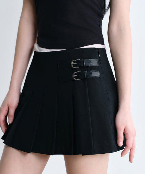 WOMENS LOW RISE BUCKLE PLEATS MINI SKIRT #韓韶禧同款! - 3 COLORS BLACK