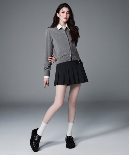 WOMENS LOW RISE BUCKLE PLEATS MINI SKIRT #韓韶禧同款! - 3 COLORS GREY